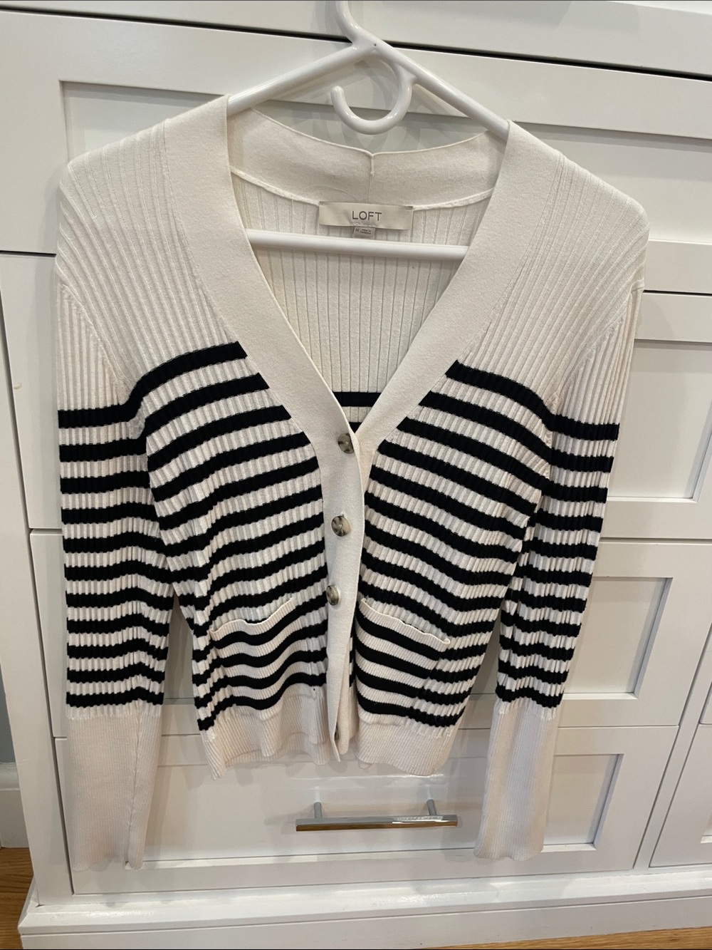 LOFT Cream and Black Striped V-Neck Button Cardigan